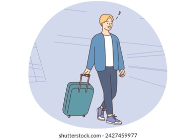 Smiling man with suitcase walking in airport ready for travel. Happy guy with baggage excited with vacation or holidays. Tourism concept. Vector illustration.