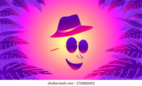 
Smiling man in sunglasses and hat on sunset background. Exotic palm leaves around.