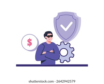 Smiling man with sunglasses stands confidently with arms crossed beside shield and gear icon in a simple modern illustration, suitable for business or technology designs.