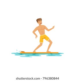 Smiling man surfing on the ocean, water extreme sport, summer vacation vector Illustration