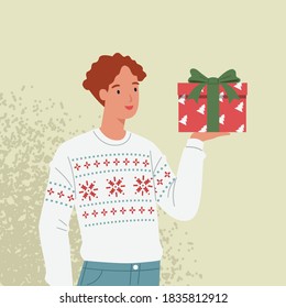 Smiling man in a sweater with Christmas gifts. Vector illustration in a flat style