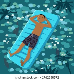 Smiling man in a swim trunks drifting on an inflatable float on glistening water, EPS 8 vector illustration
