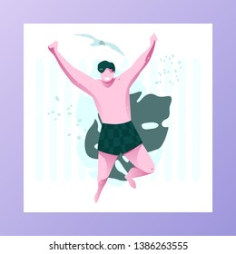 Smiling man in swim trunks jumping in air over tropical leaves. Modern vector flat active male character.