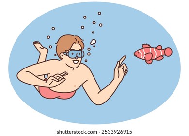 Smiling man in swimwear with goggles swimming under water with fish. Happy male diver enjoy underwater life on summer vacation. Vector illustration.