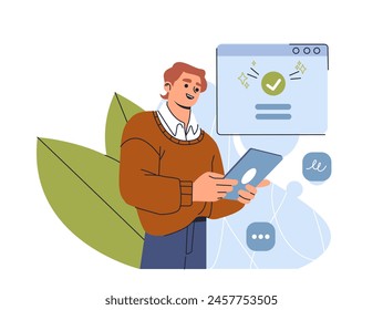 A smiling man with a tablet and a check mark on a screen symbolizing task completion, vector illustration isolated on a white background.