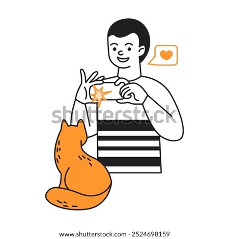 Smiling man takes photo of ginger cat using smartphone color line vector icon. Male pet owner expresses love character illustration on white