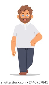 Smiling man takes a step towards the viewer. Vector character on isolated background