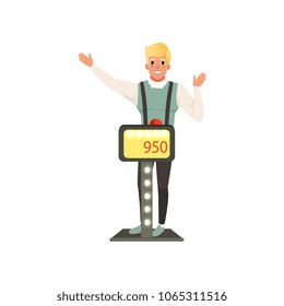 Smiling man taking part at quiz show, player answering questions standing at stand vector Illustration on a white background