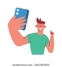 smiling man taking selfie with smart phone