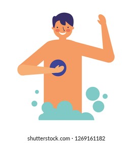 smiling man taking shower with sponge
