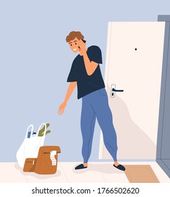 Smiling man talk smartphone receive order at porch vector flat illustration. Male taking packages use contactless delivery. Joyful guy enjoy parcel or grocery service shipment during quarantine