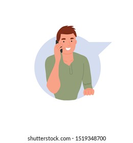 Smiling man talking by phone in dialog cloud. Chatting boy online. Vector speaking businessman textbox icon, chat bubble with happy cartoon character. Virtual talk concept