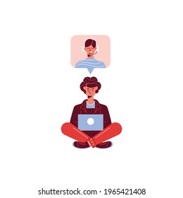 Smiling man talking to customer support service on laptop flat vector illustration
