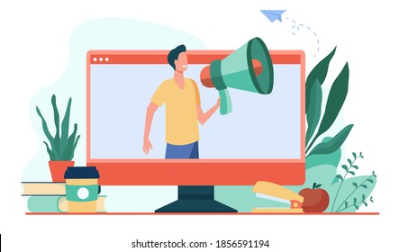 Smiling man talking in loudspeaker on monitor. Social media, computer, online flat vector illustration. Communication and digital technology concept for banner, website design or landing web page