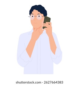 Smiling man talking on phone, contacting, discussing work, calling on phone. Vector illustration isolated on white background.