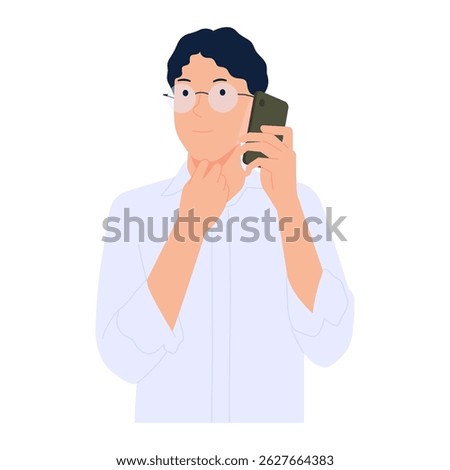 Smiling man talking on phone, contacting, discussing work, calling on phone. Vector illustration isolated on white background.