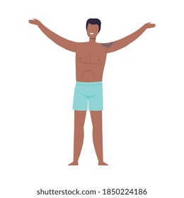 Smiling Man with Tattoo Wearing Swimming Trunks Standing on Beach Vector Illustration