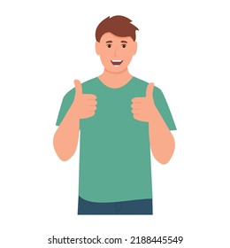 Smiling man with thumbs up expressing agreement and approval. The gesture is cool. Guy with great sign. Flat vector illustration isolated on white background