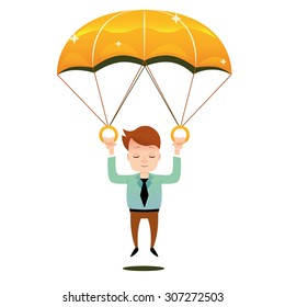 Smiling man in tie fall on a golden parachute. 
