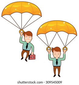 Smiling man in tie fall on a golden parachute with briefcase