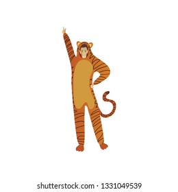 Smiling man in tiger costume posing with hand up. Outfit for Halloween party. Cartoon character. Flat vector