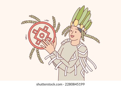 Smiling man in traditional costume play on musical instrument. Happy indigenous male in ethnic clothes. Ethnicity and diversity. Vector illustration. 