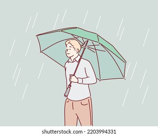 Smiling man with umbrella posing under the rain. Hand drawn style vector design illustrations.