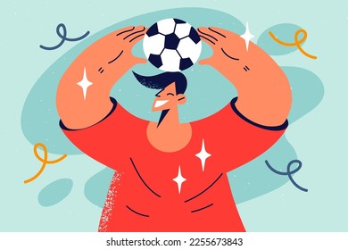 Smiling man in uniform holding ball in hands involved in game playing. Happy guy play football on field. Sport and hobby. Vector illustration. 