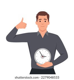 Smiling man in uniform holding clock in hands showing thumb up. Happy male worker with watch care about time management and deadline. Flat vector illustration isolated on white background