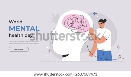 Smiling Man Unraveling a Tangle of Problems, Mental Health Awareness Concept for World Mental Health Day. Depression Recovery and Personal Growth flat vector illustration for UX UI Landing page