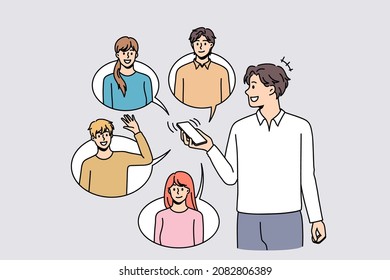 Smiling man use cellphone communicate with diverse friends online on social media. Happy guy with smartphone text message with colleagues on internet on gadget. Flat vector illustration. 