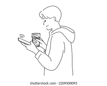 Smiling man using cellphone drinking water from glass. Happy young guy hold smartphone browsing internet on device. Technology concept. Vector illustration. 