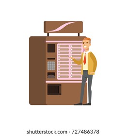 Smiling man using coffe vending machine, automatic device for hot drinks vector Illustration