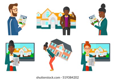 Smiling man using digital tablet to search for house. Young woman searching house on real estate website. House searching concept. Set of vector flat design illustrations isolated on white background.