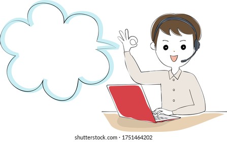 Hombre sonriente usando auriculares para manejar computadora