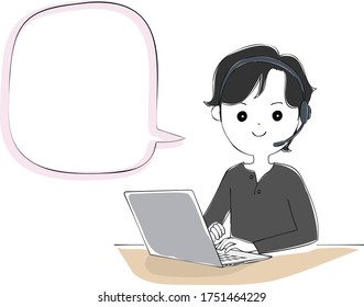 Smiling man using headset to operate computer