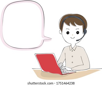 Smiling man using headset to operate computer