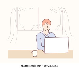 Smiling man using laptop at home in living room. Happy mature businessman send email and working at home.Hand drawn style vector design illustrations.
