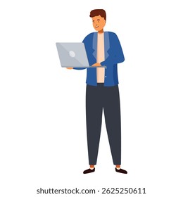 Smiling man using laptop standing up, full body view, casual worker using computer working remotely