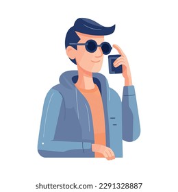 Hombre sonriente usando un icono de teléfono móvil aislado