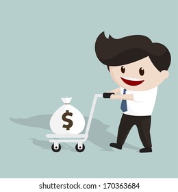 Smiling man using trolley to transport money bag - Money concept