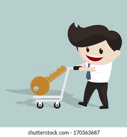 Smiling man using trolley to transport golden key - Success concept