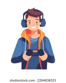 Smiling man using video game with headset icon isolated