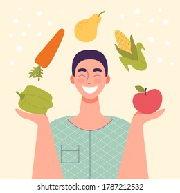 Smiling man with vegetables and fruits in his hands.Healthy food,concept of diet,raw food diet,vegetarian.Apple,pear,pepper,carrot and corn are circling on the person.Flat cartoon vector illustration