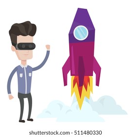 Smiling man in virtual reality headset flying in open space. Young caucasian man wearing virtual reality headset and playing video game. Vector flat design illustration isolated on white background.