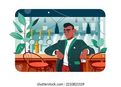 Smiling man waiting at meeting in bar vector illustration. Guy drinking beverage and looking at watch flat concept
