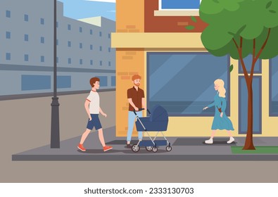 Smiling man walking with baby carriage at city scene flat style, vector illustration. Parenthood, baby care, street and buildings. Happy people, positive emotions, family