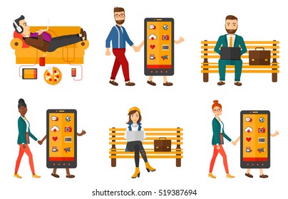 Smiling man walking with a big smartphone. Young woman holding hand of a smartphone character. Concept of addiction to smartphone. Set of vector flat design illustrations isolated on white background.