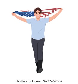 Smiling man walking confidently while holding the United States flag behind his shoulders. Flat Vector character illustration