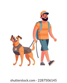 Smiling man walking dog cute friendship icon isolated